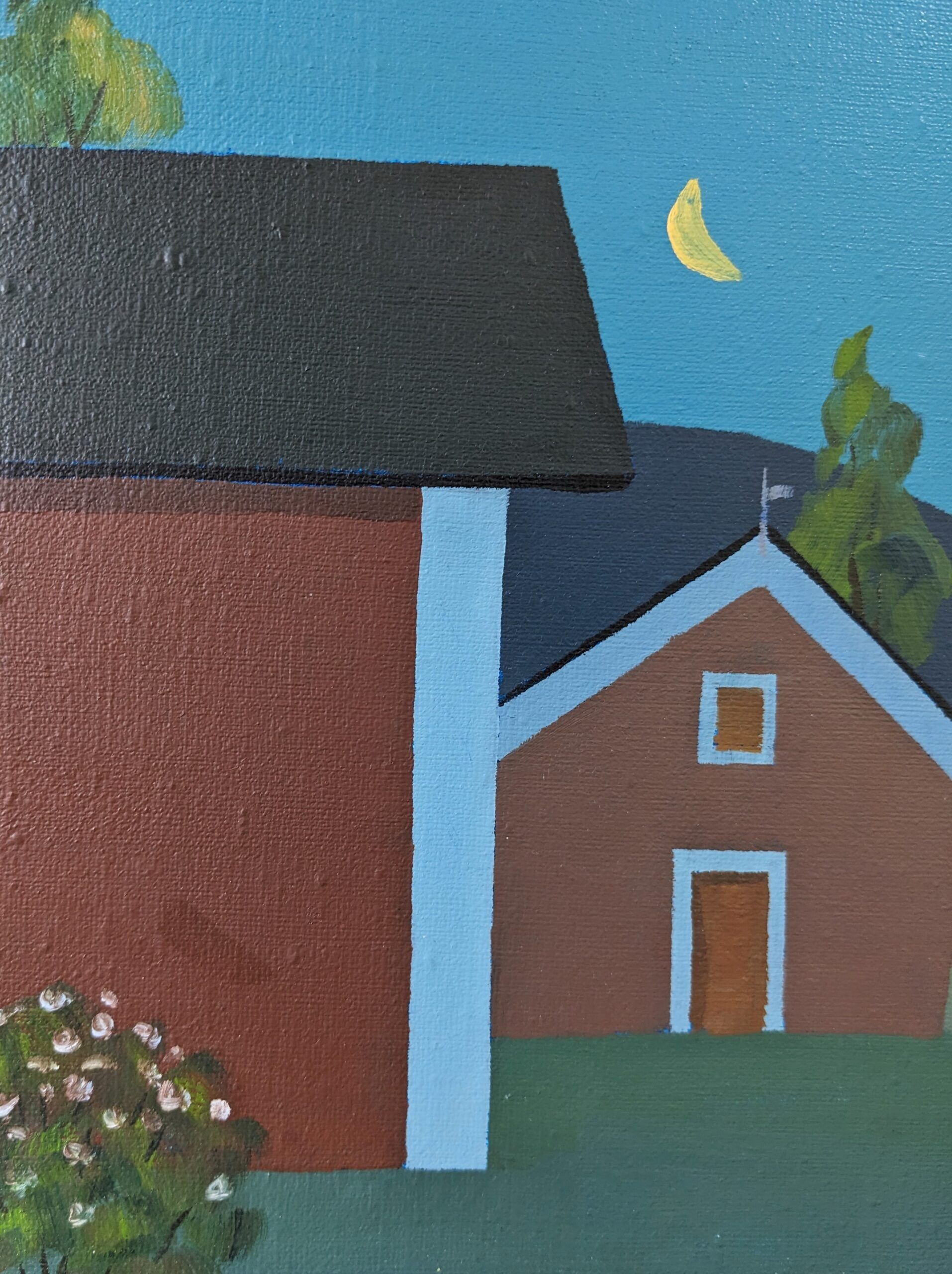 Contemporary Modernist Style Swedish "Houses at Midnight" Framed Street Scene Oil Painting, 1998