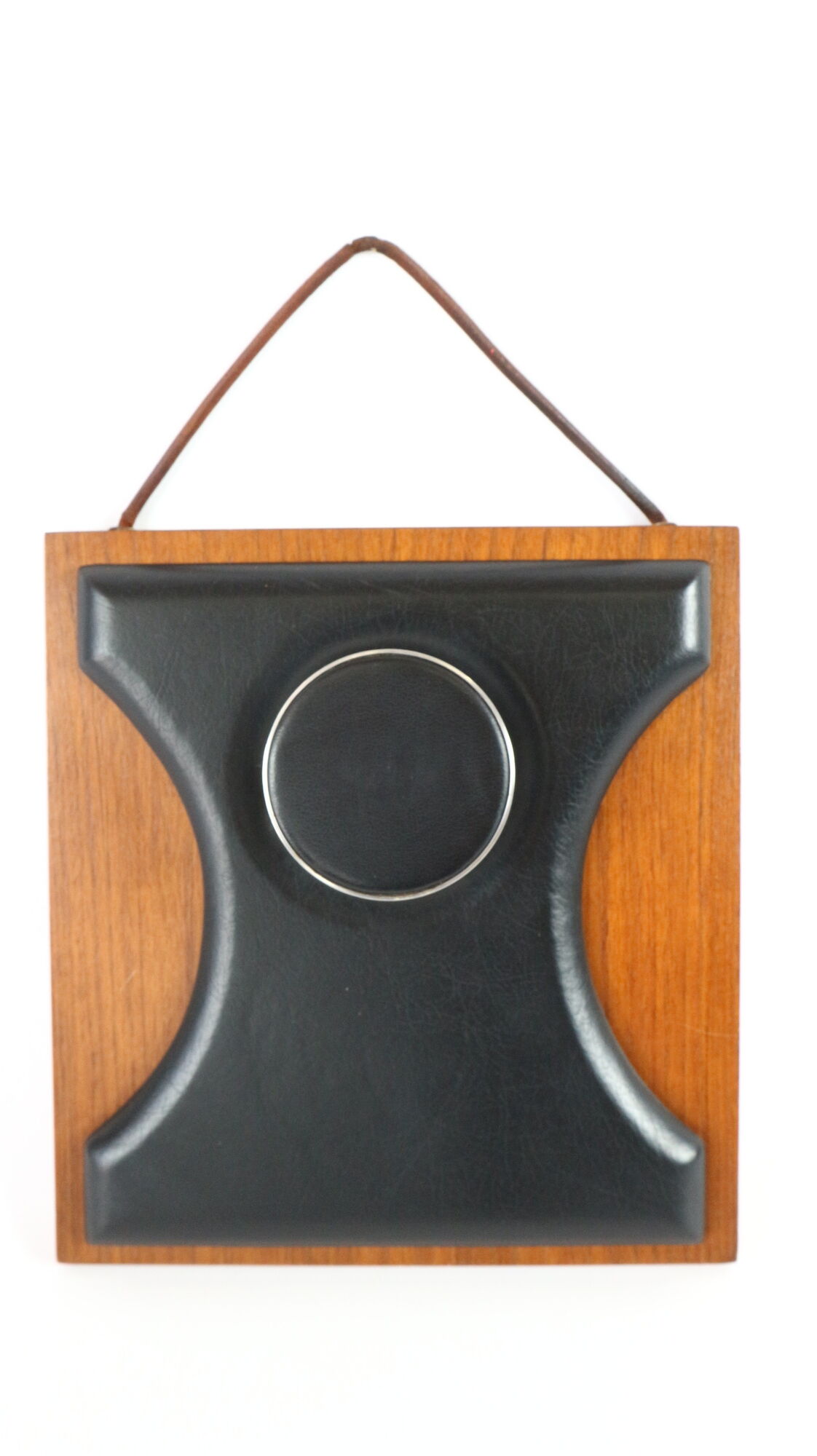 Two coat hangers, wood, leather and black leather, 70s