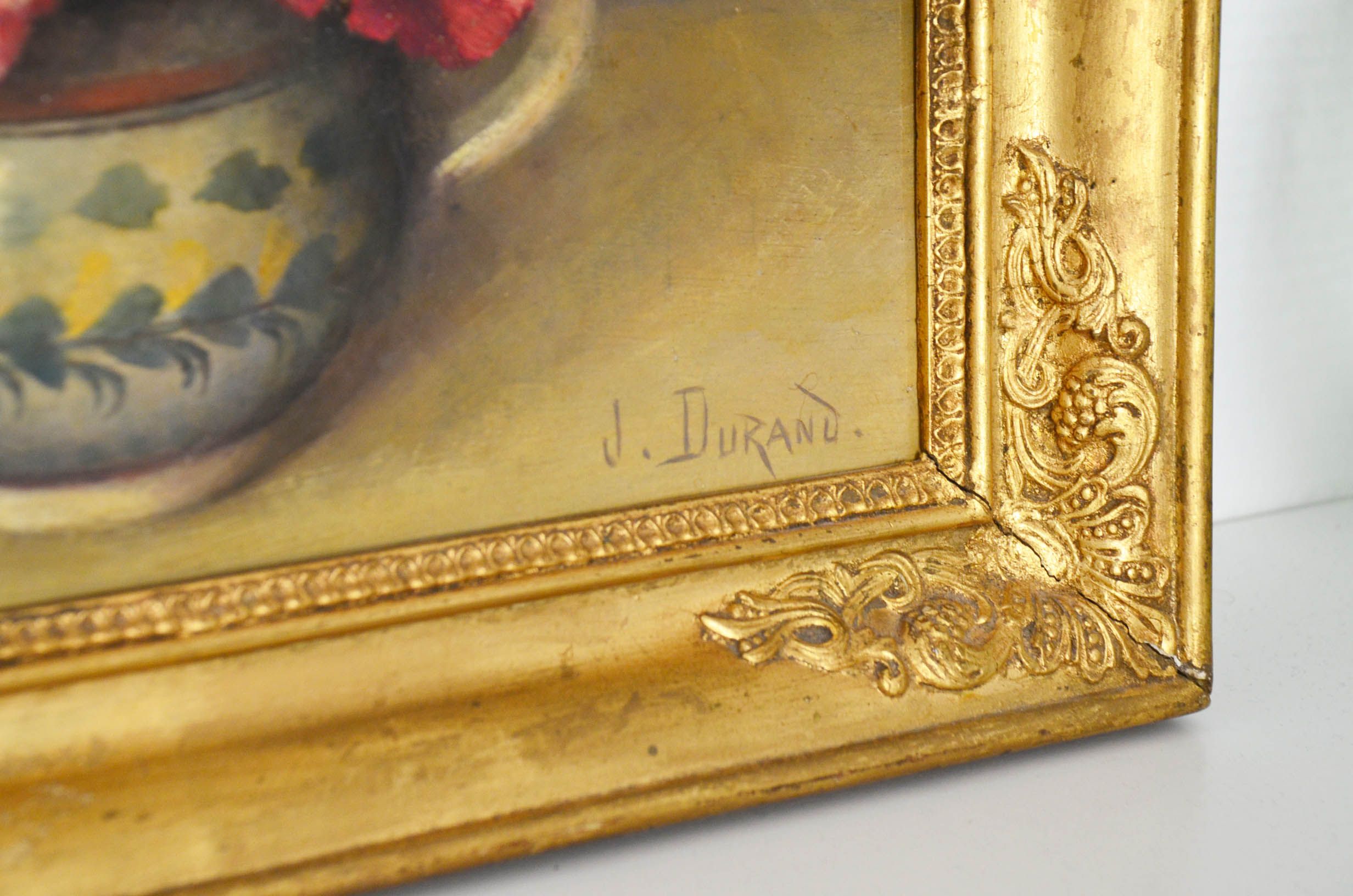 Oil on panel painting still life bouquet of flowers signed Durand