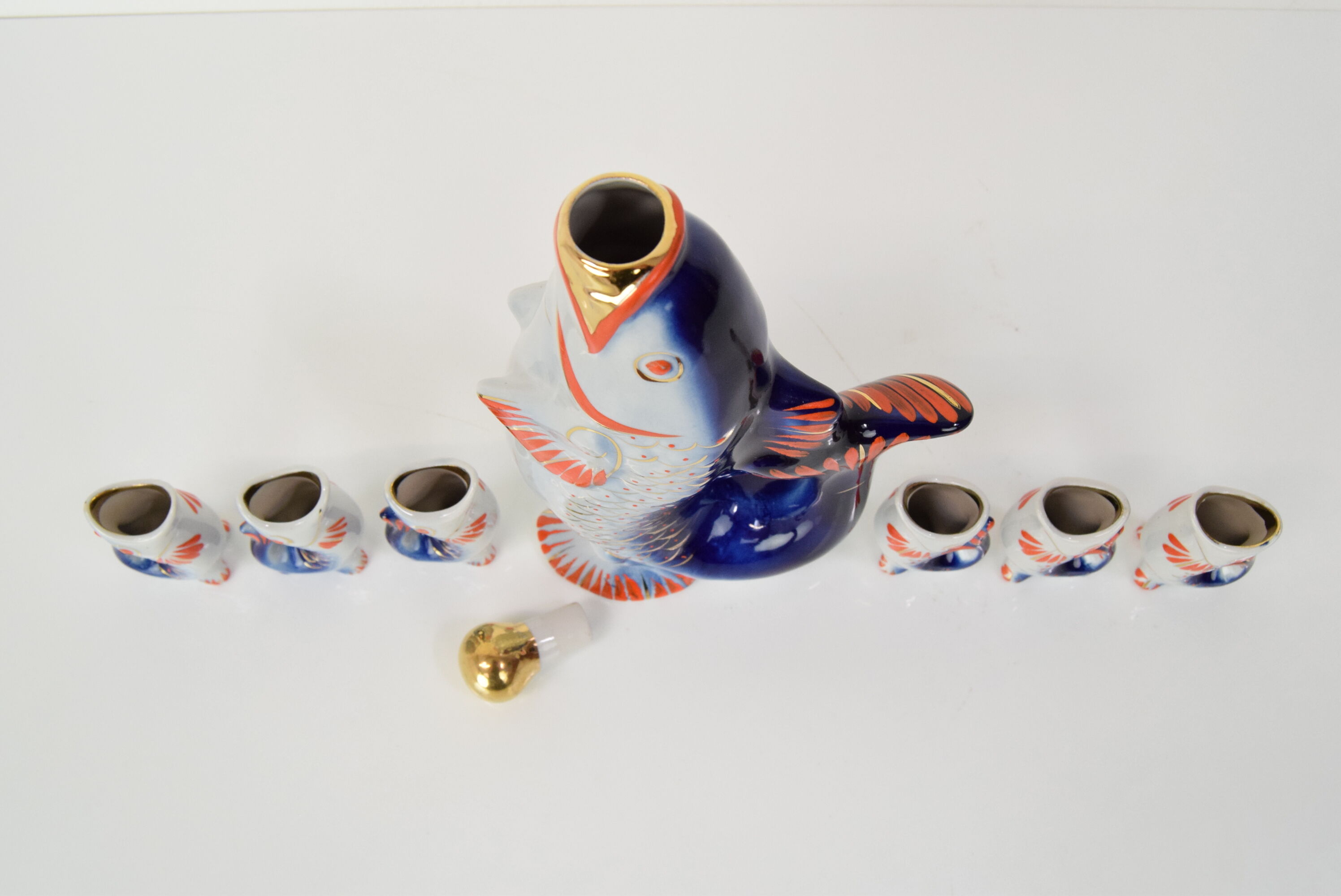 Fish decanter soviet drinking set porcelain fish carafe shots glass,1950's.