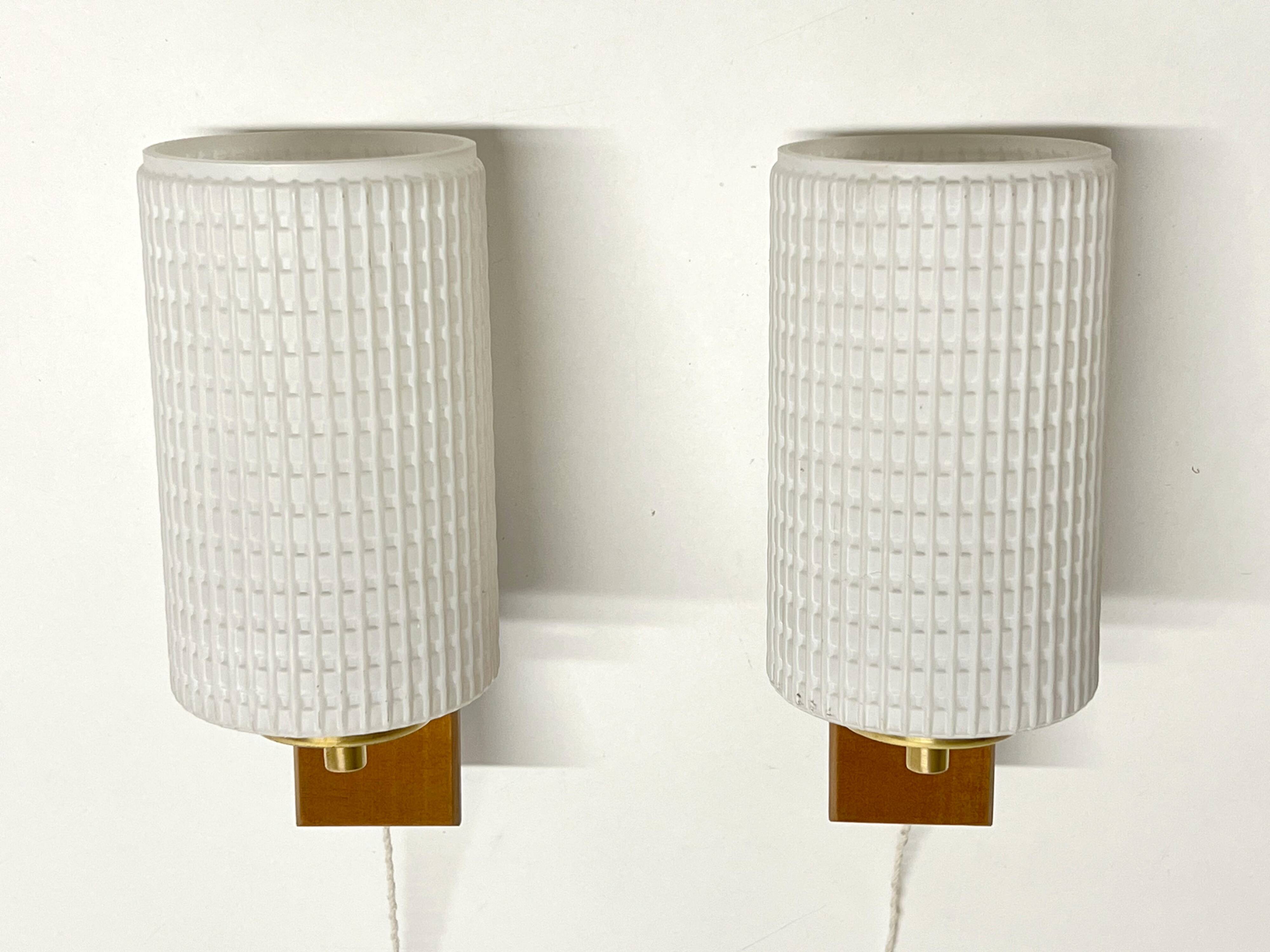 Pair of Scandinavian Wall Lights - Opaline Brass Wood - 50's 60's