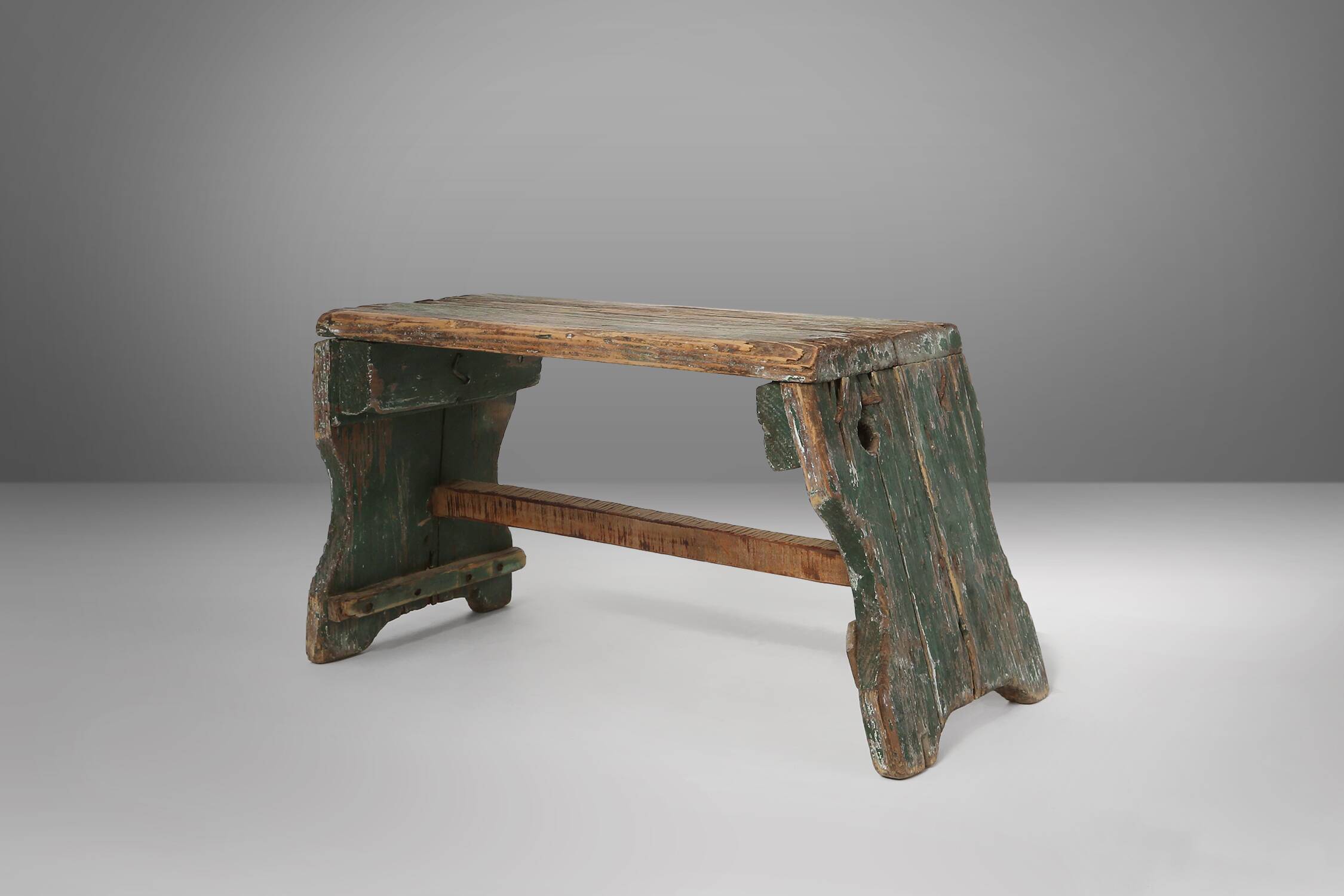 Industrial green wooden stool with nice patina, France 1900