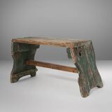 Industrial green wooden stool with nice patina, France 1900