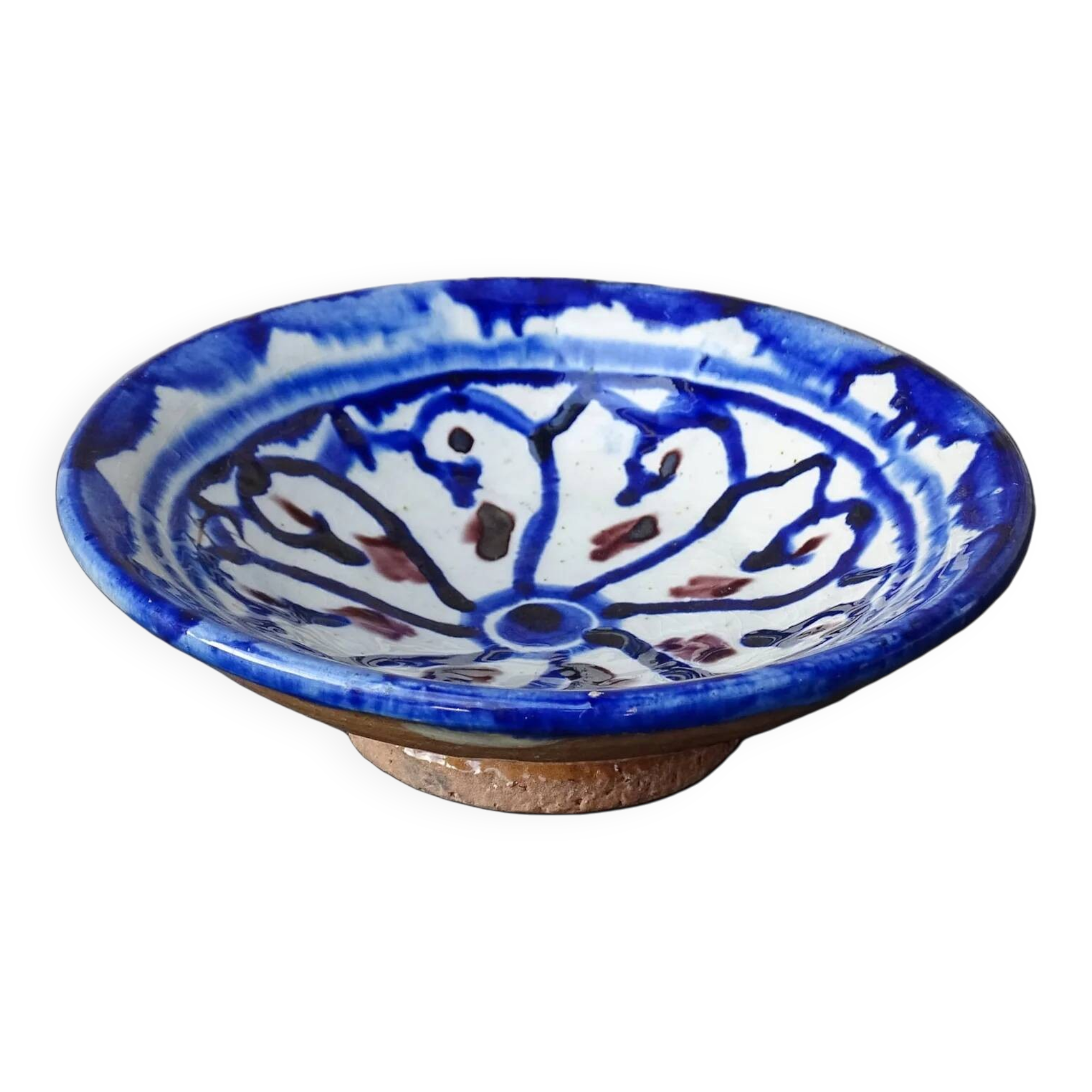 Petit plat marocain vintage en céramique à motif émaillé bleu