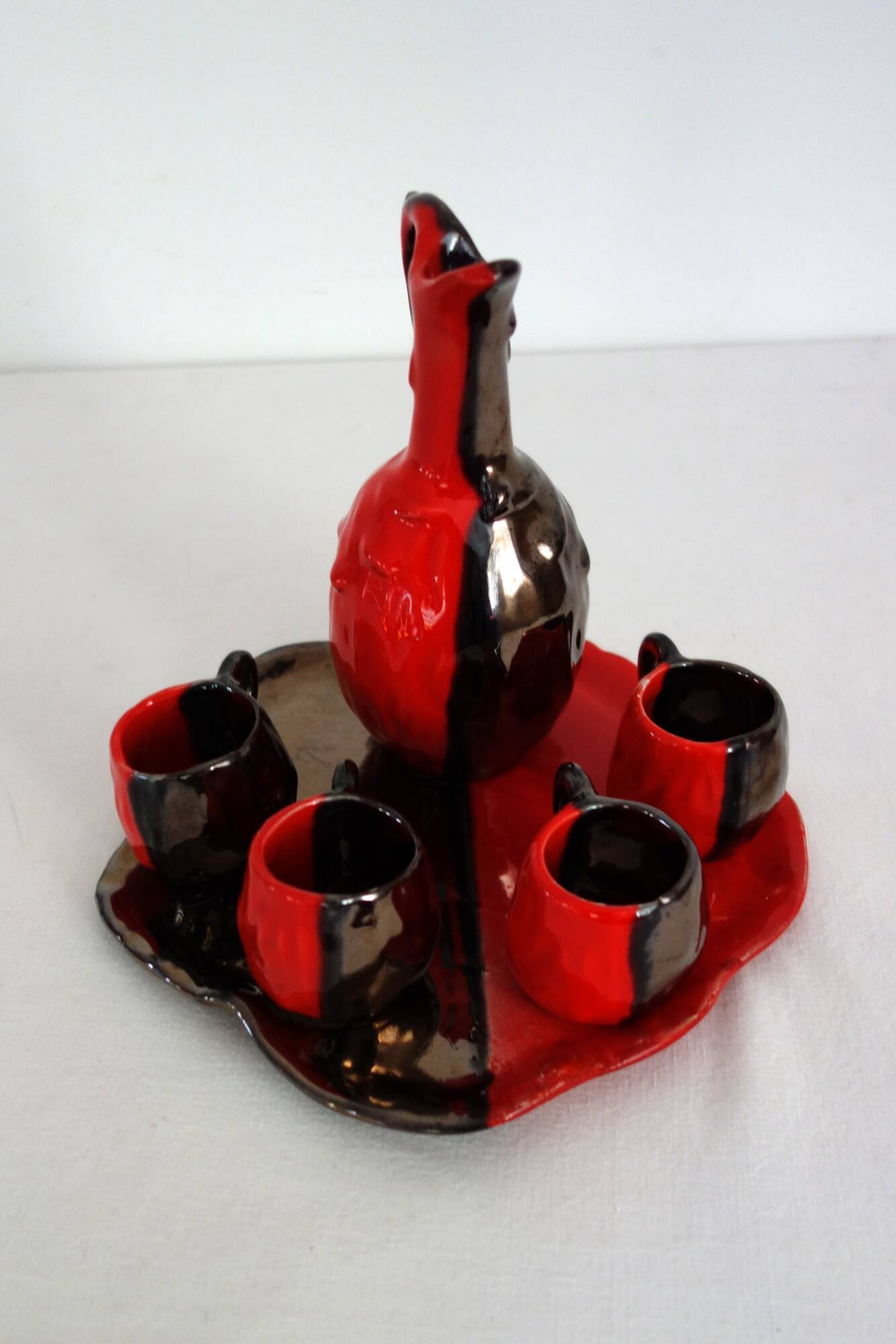 Vallauris two-tone liqueur service vintage flamed stoneware