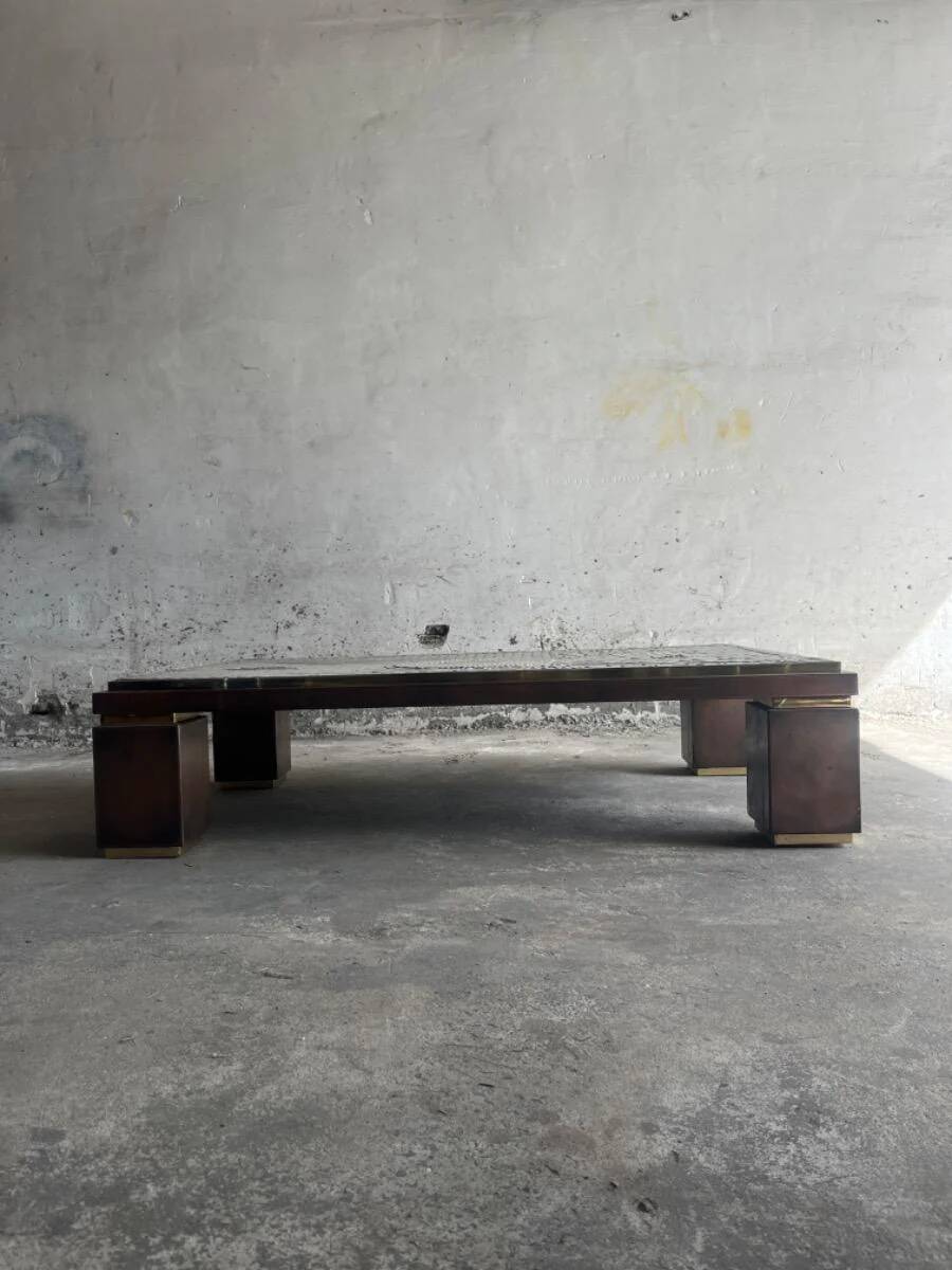 Grey ceramic mosaic top coffee table with dark wood base and brass accents, 1970s