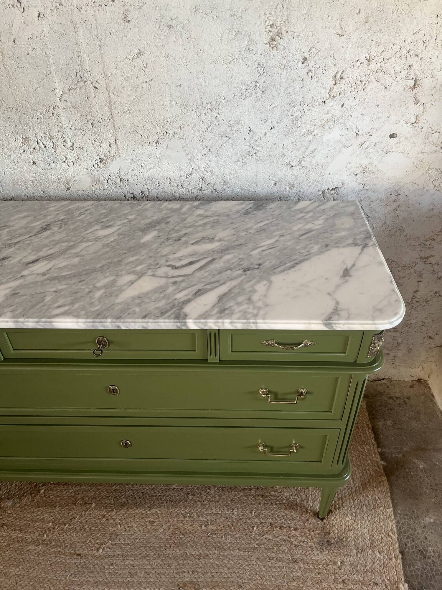 Louis XVI style olive green commode with marble.