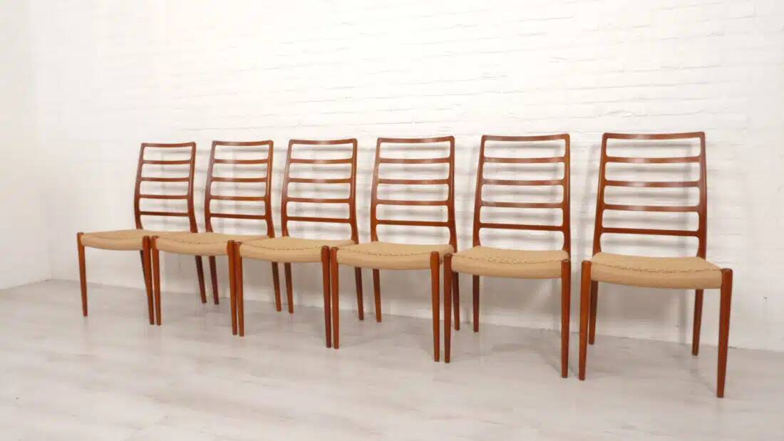 6 x vintage dining chairs | Niels Otto Møller | Model 82 | Papercord | Teak