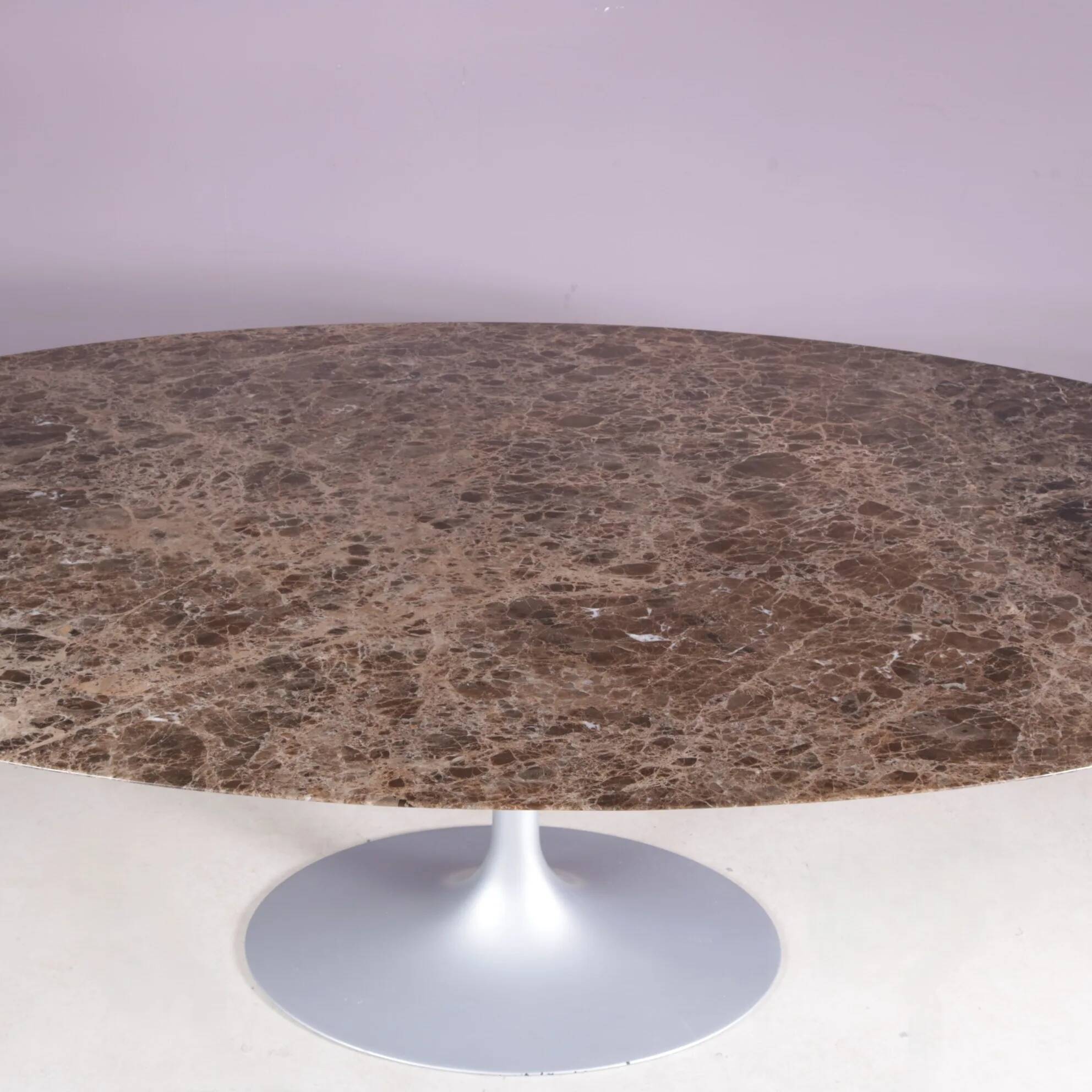 1970s XL oval Tulip table with brown marble top and matte silver oval base / Eero Saarinen / Knoll, USA