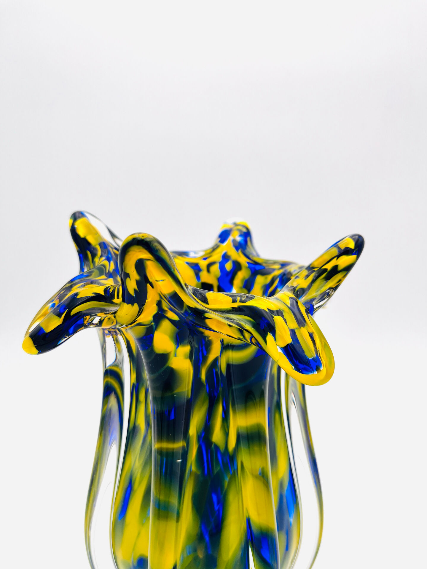 Vase Josef Hospodka Chřibská Macchia Blue Yellow Bohemian Glass 60s