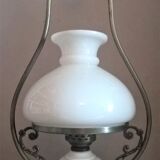 Chandelier in opaline, aged chiseled metal, 70