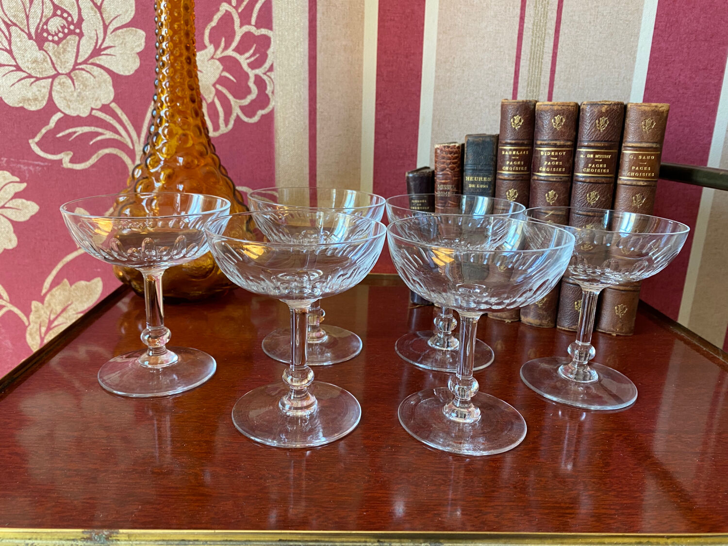 6 1920's crystal champagne glasses