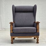 1970s, highback Danish armchair with footstool, furniture wool fabric, oak.