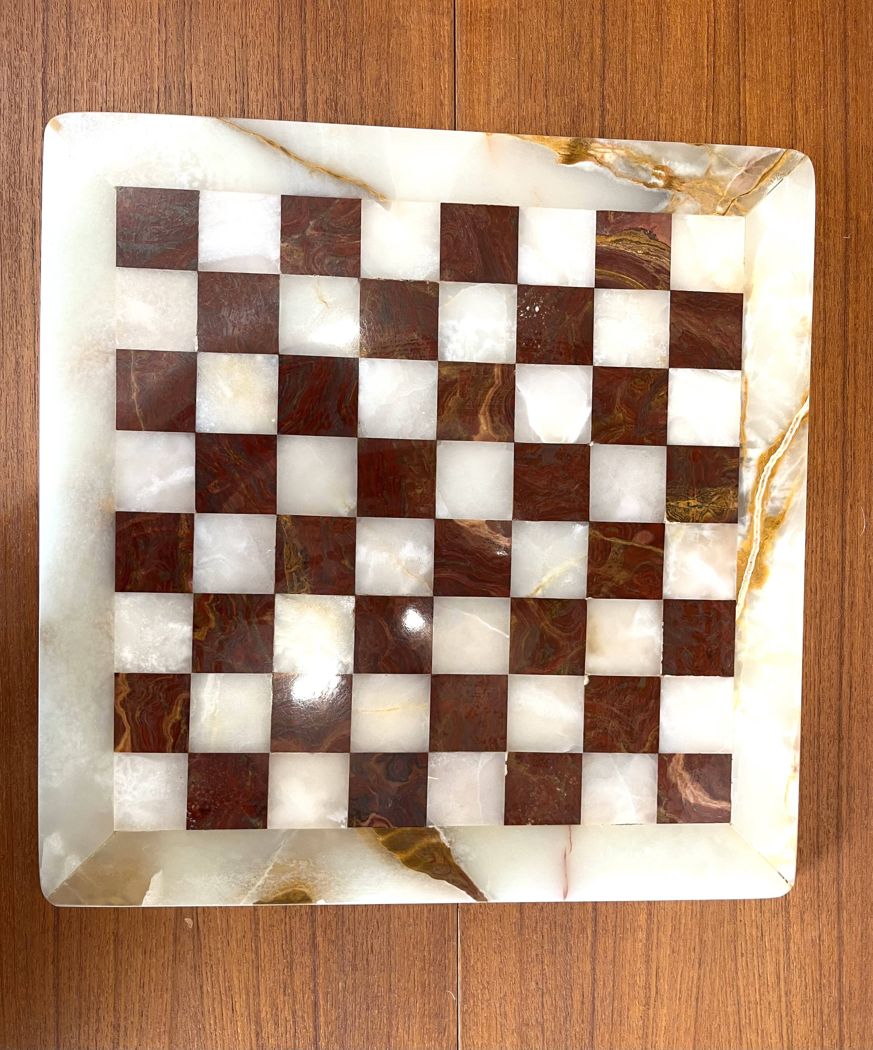 Vintage brown and white alabaster chess board hand carved pieces