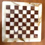 Vintage brown and white alabaster chess board hand carved pieces