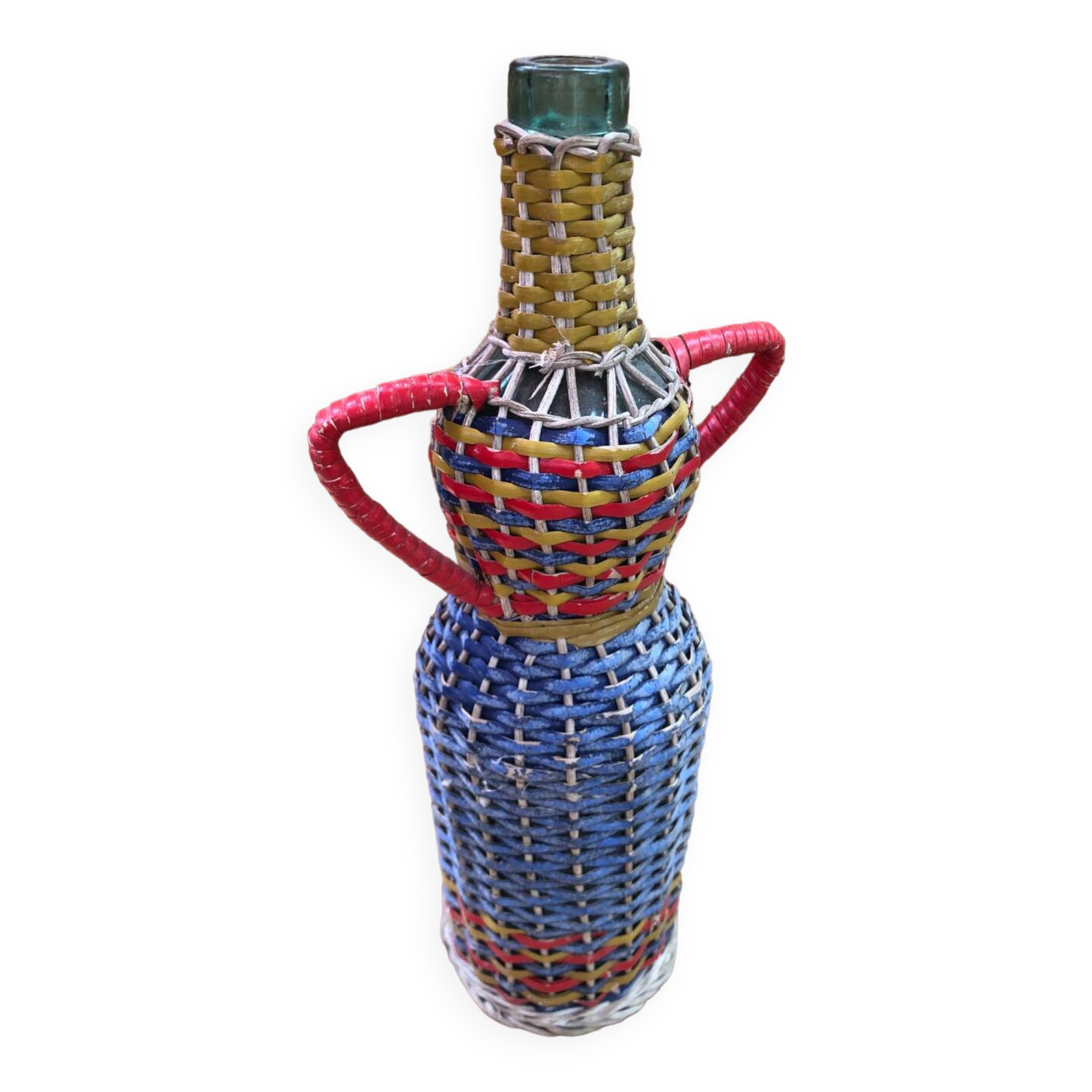 Old Lady Jeanne Bottle Glass + Rattan Woven Wicker Painted Vintage
