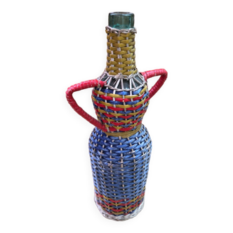 Old Lady Jeanne Bottle Glass + Rattan Woven Wicker Painted Vintage