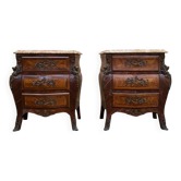 Pair of small bombe chests – Louis XV style – Marquetry & Marble –