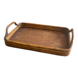 Vintage wooden and rattan tray with bamboo handle, bohemian style, wabi sabi, year