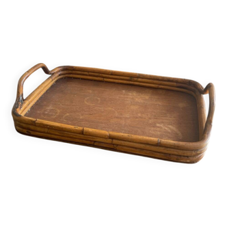 Vintage wooden and rattan tray with bamboo handle, bohemian style, wabi sabi, year