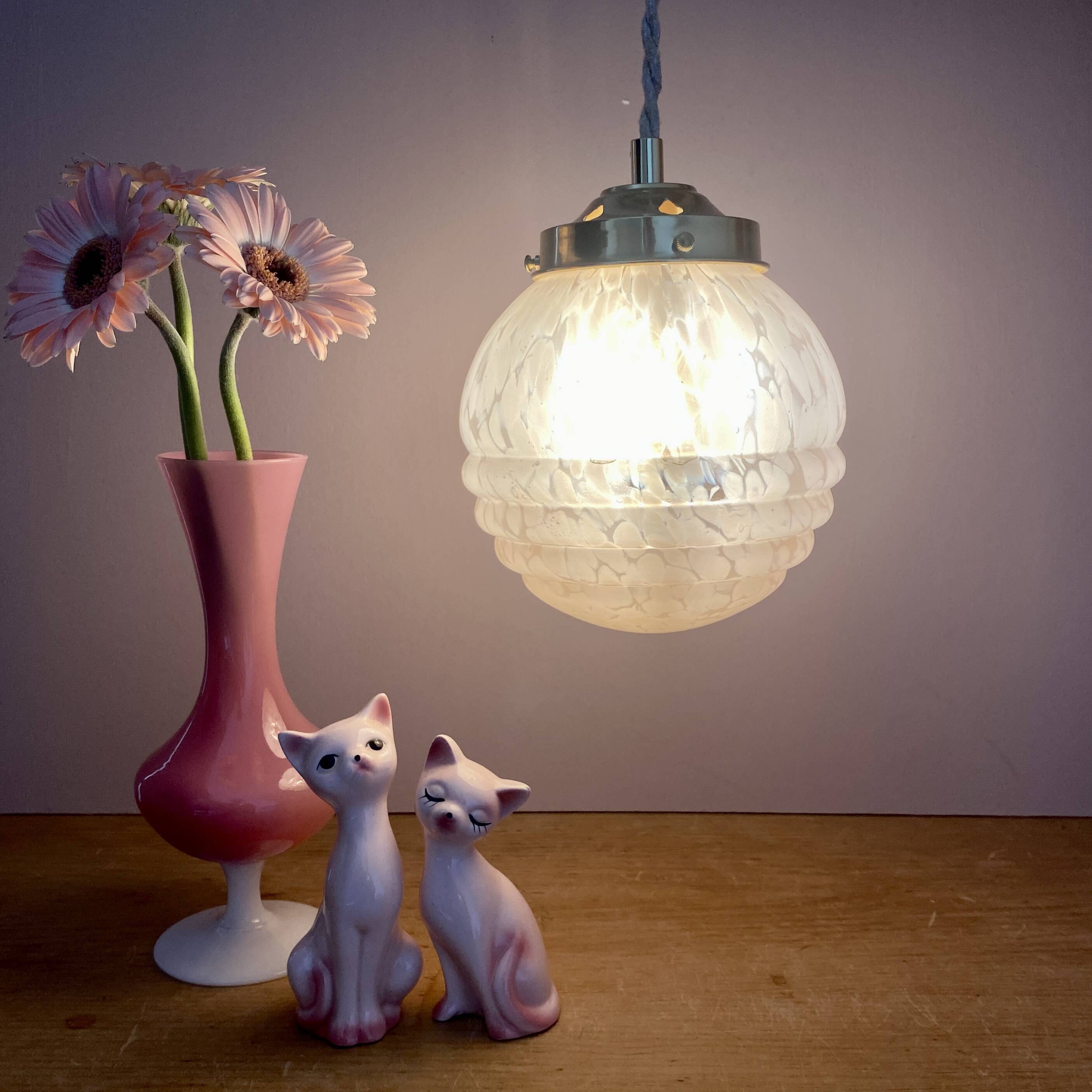 Vintage art deco globe pendant light in pink and gold Clichy glass