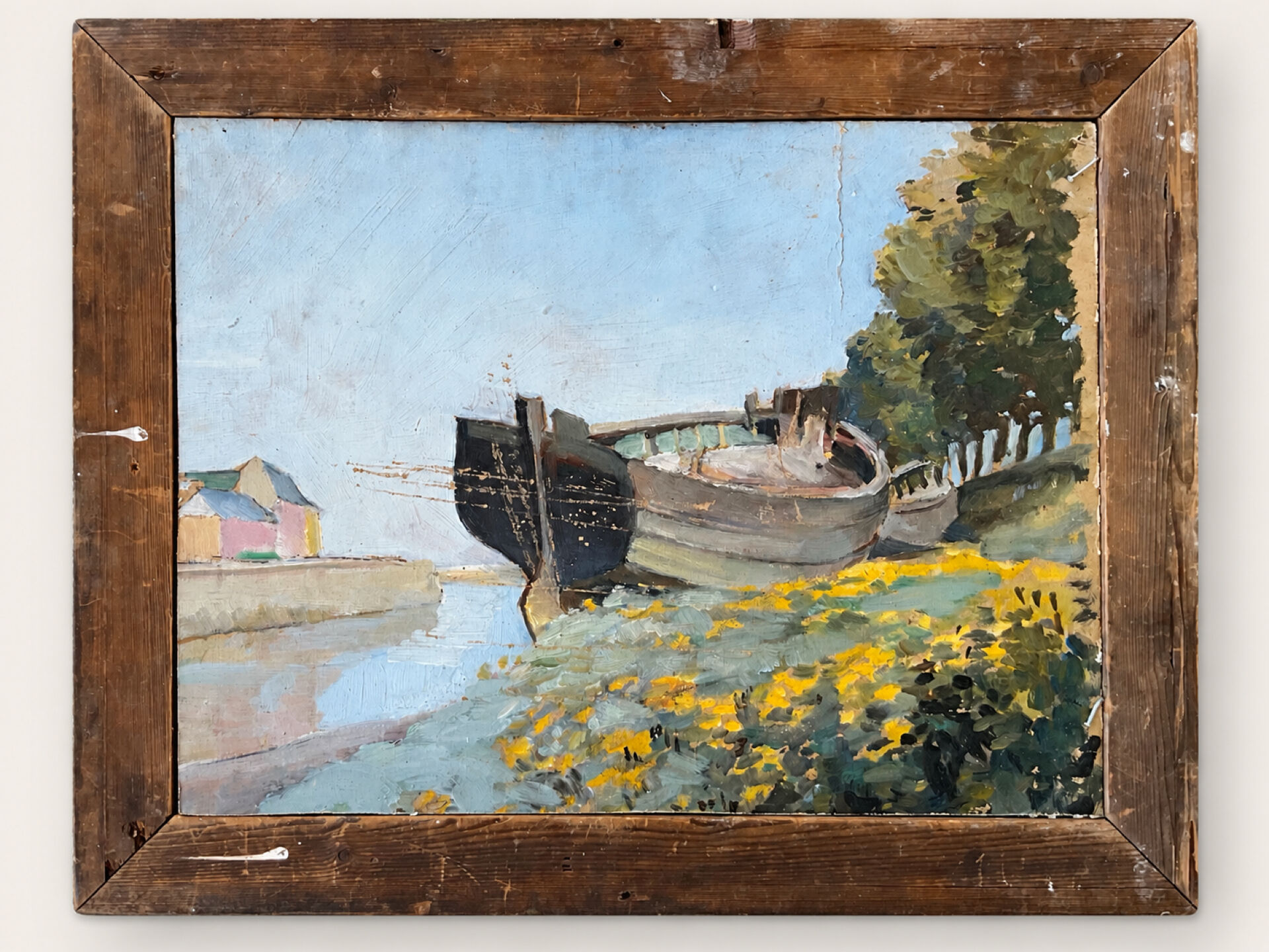 Oil on double-sided panel with geese, signed Robert, dated 1930.