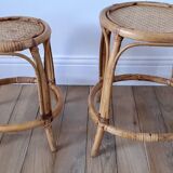 Pair of honey-colored rattan stools/plant holders in the 60s