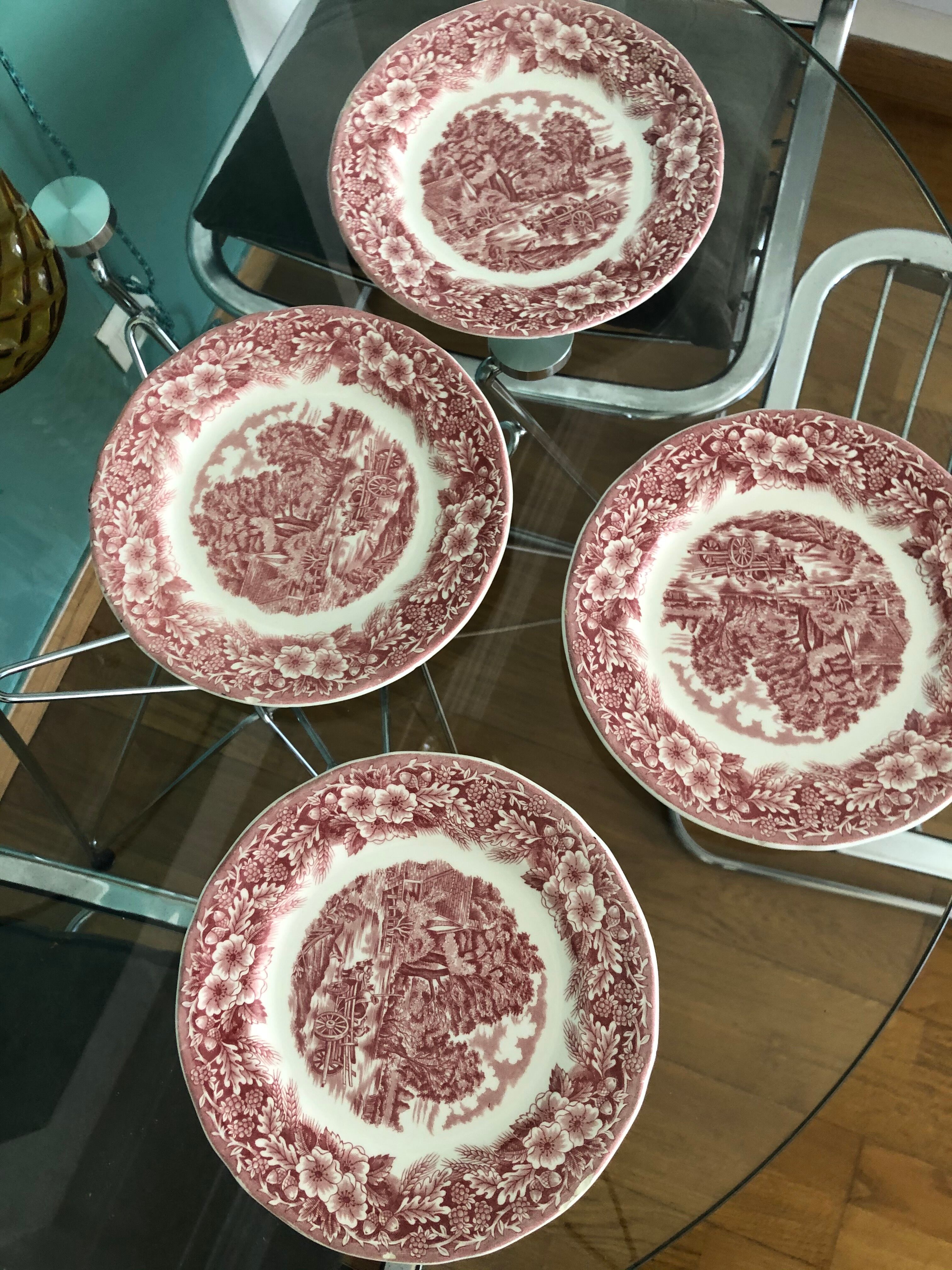 4 red vintage dessert plates