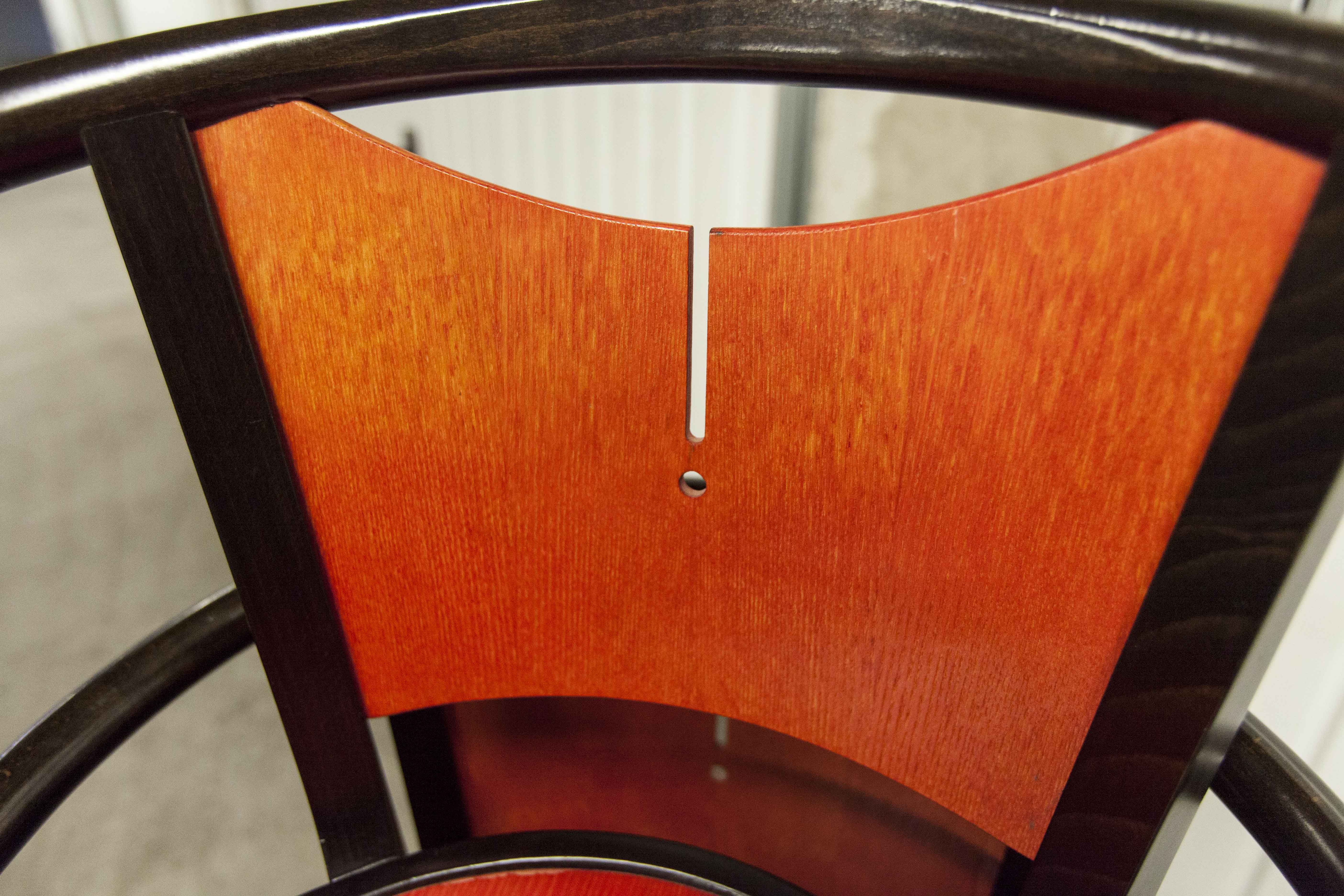 Table and 6 armchairs Baumann Diese, design Pagnon Pelhaître, Wenge color and red,
