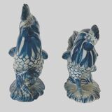 Pair of ceramic roosters in blue camaieu 20th century