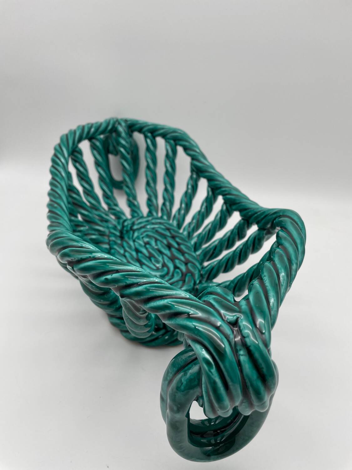 Vintage fruit basket in green enamelled woven earthenware