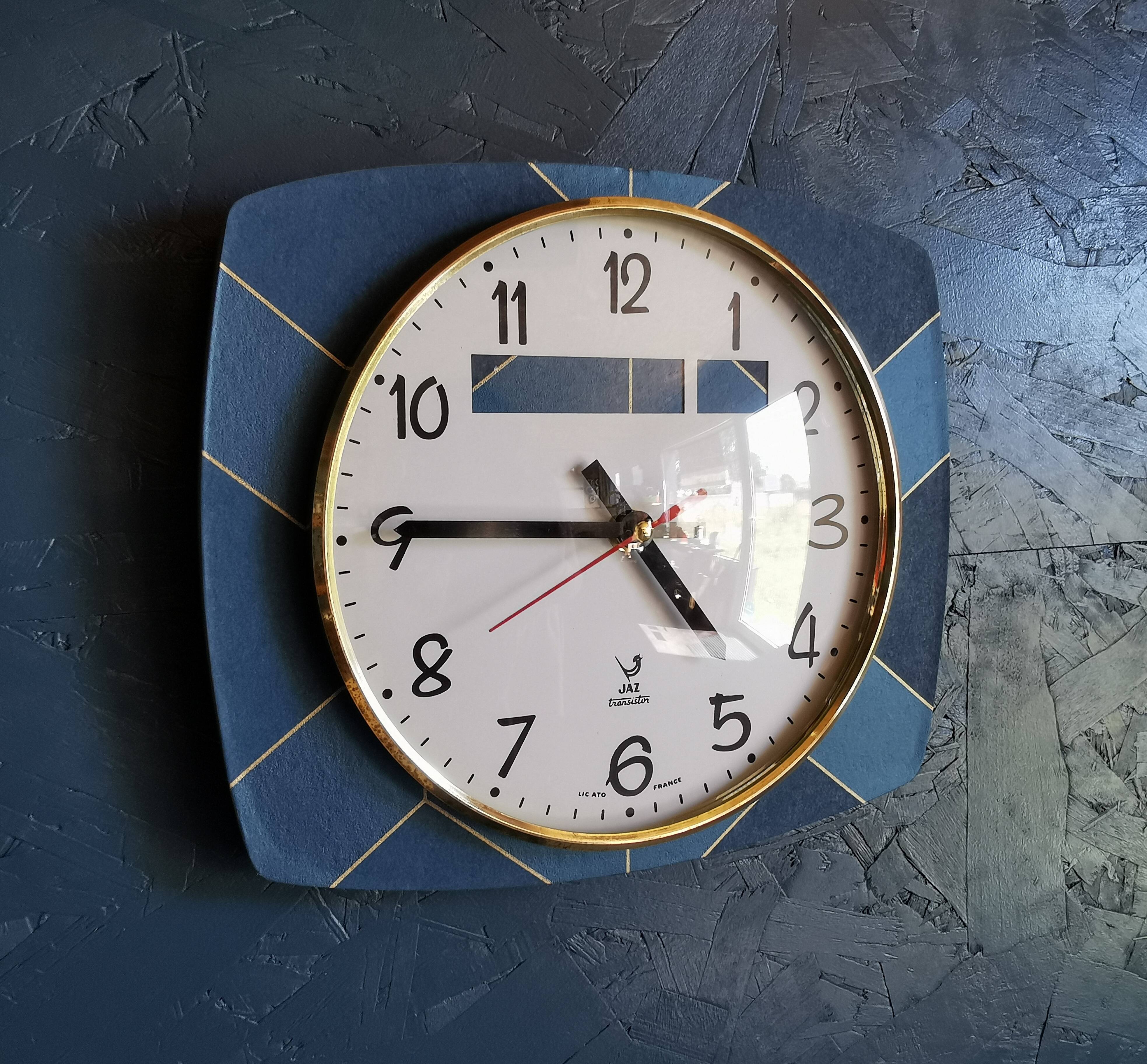Vintage formica clock rectangular silent wall clock "Jaz golden blue"