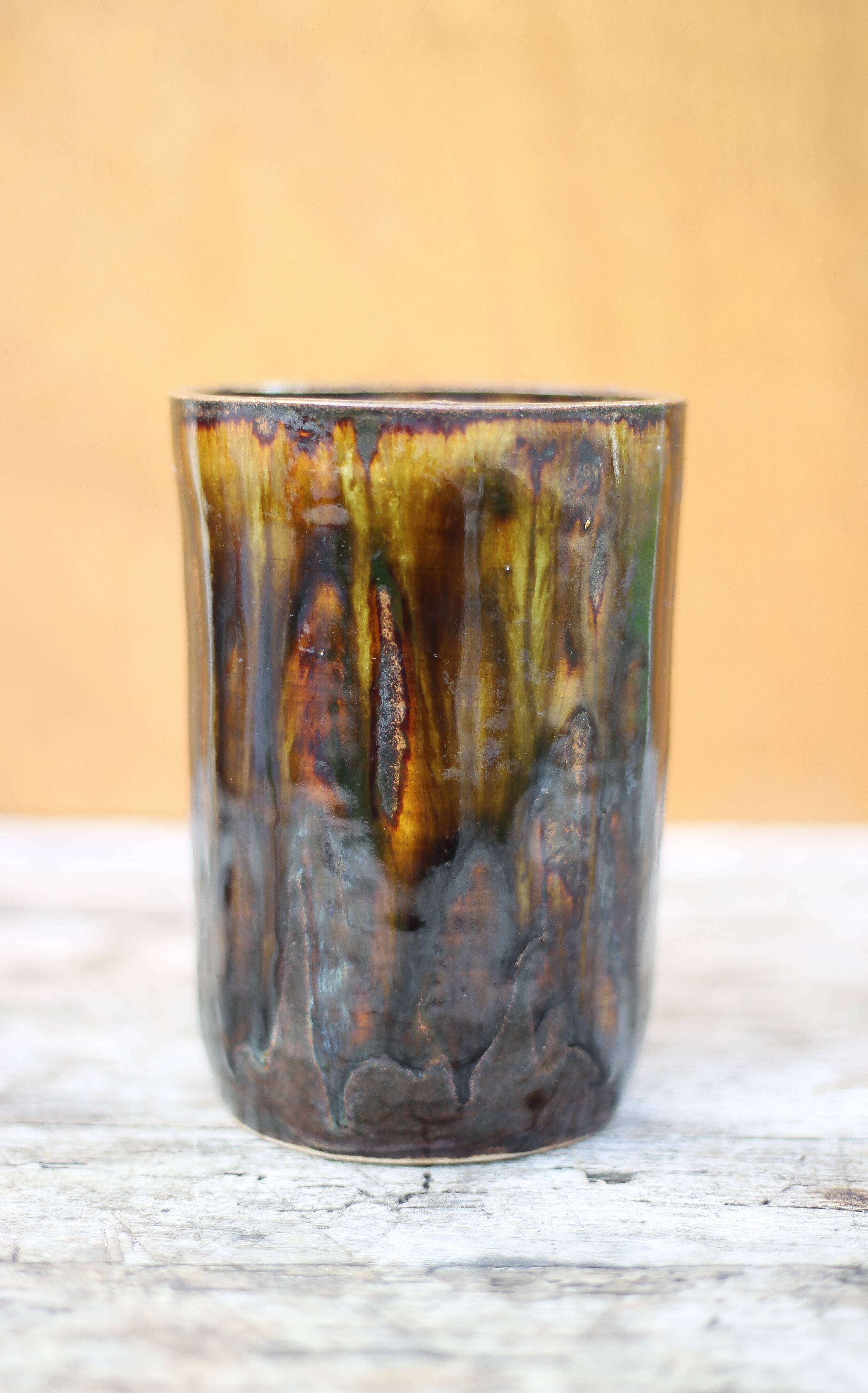 Glazed stoneware vase with drips, vintage signed vase, flower pot