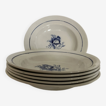 6 Saint Amand soup plates, blue rose pattern