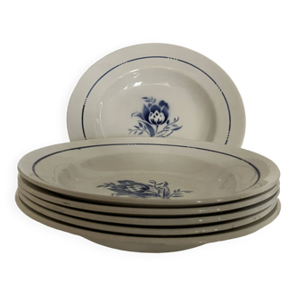 6 Saint Amand soup plates, blue rose pattern