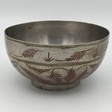 Antique ISLAMIC BOWL in tinned BRASS with engraved decoration and colored patterns