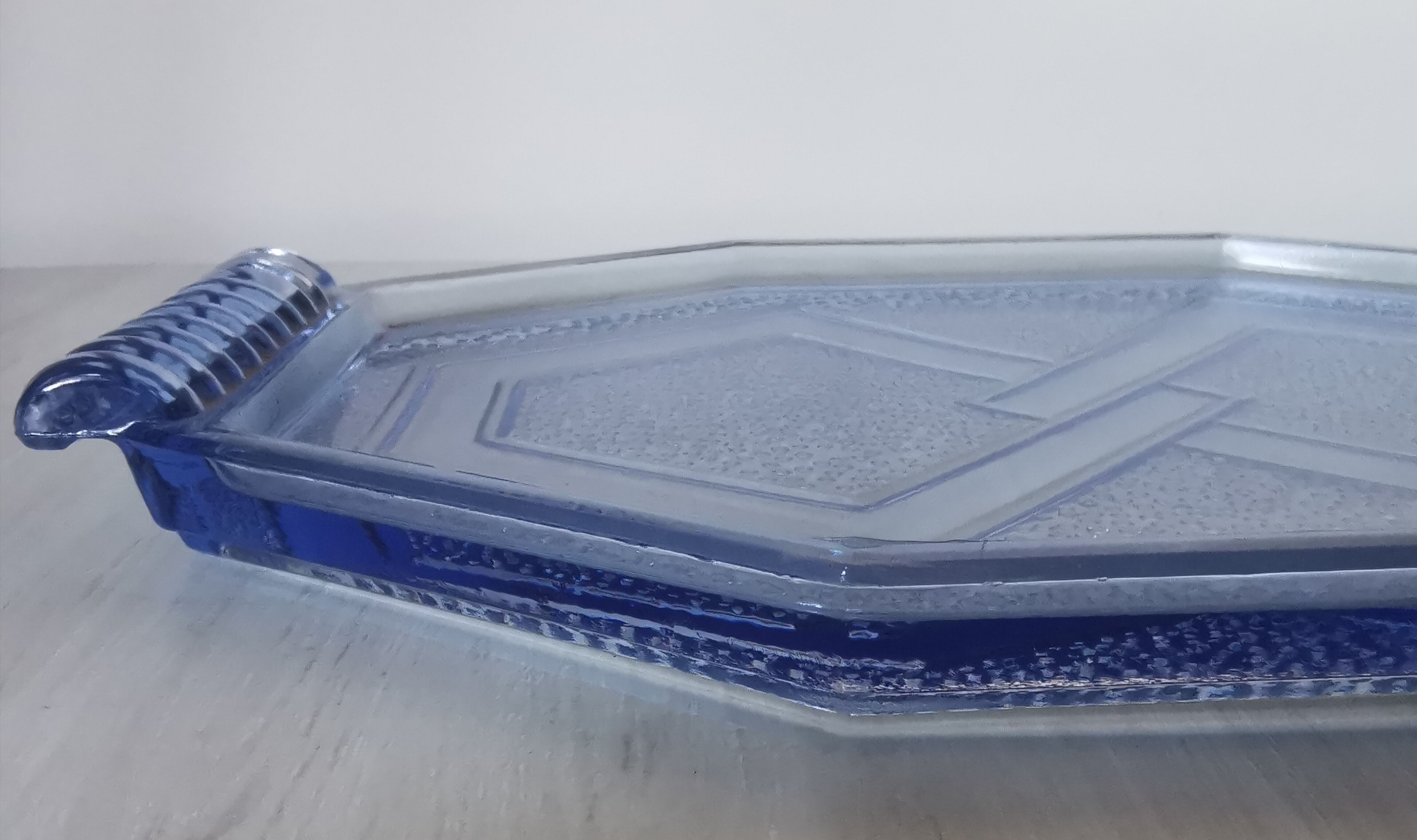 Art deco blue pressed glass tray