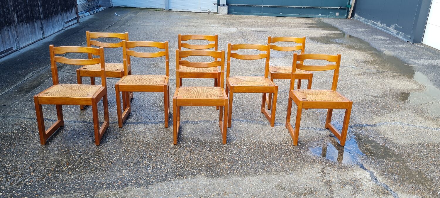 Set of 8 chairs in elm and straw by Maison Regain