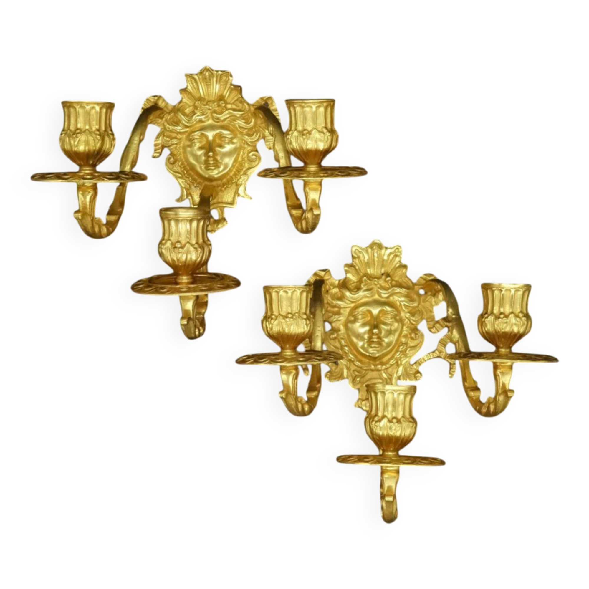 Pair of wall sconces with female masks, Napoléon III period, 19th century - bronze