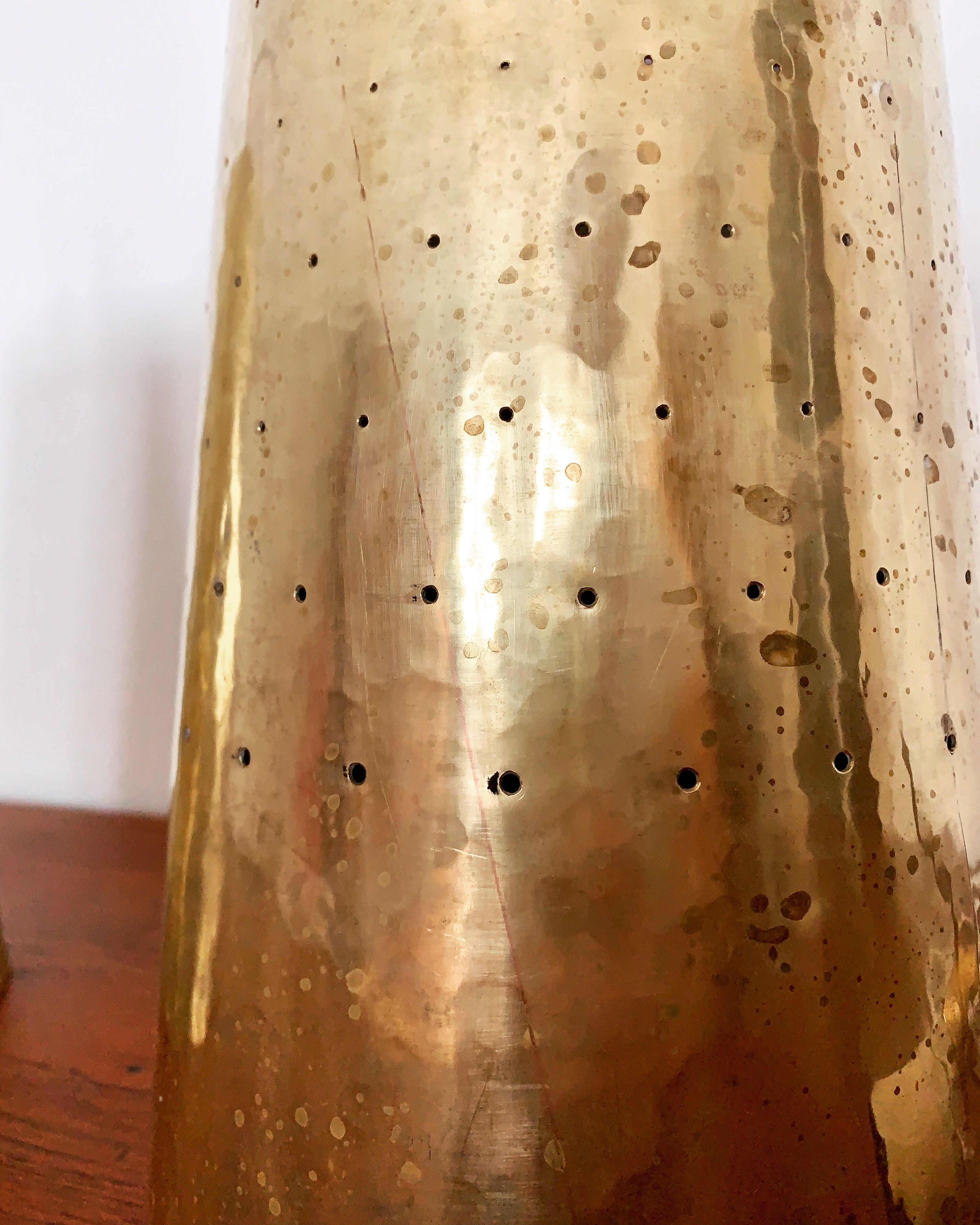 Set of 2 large Mid Century Modern perforated brass pendant lamps