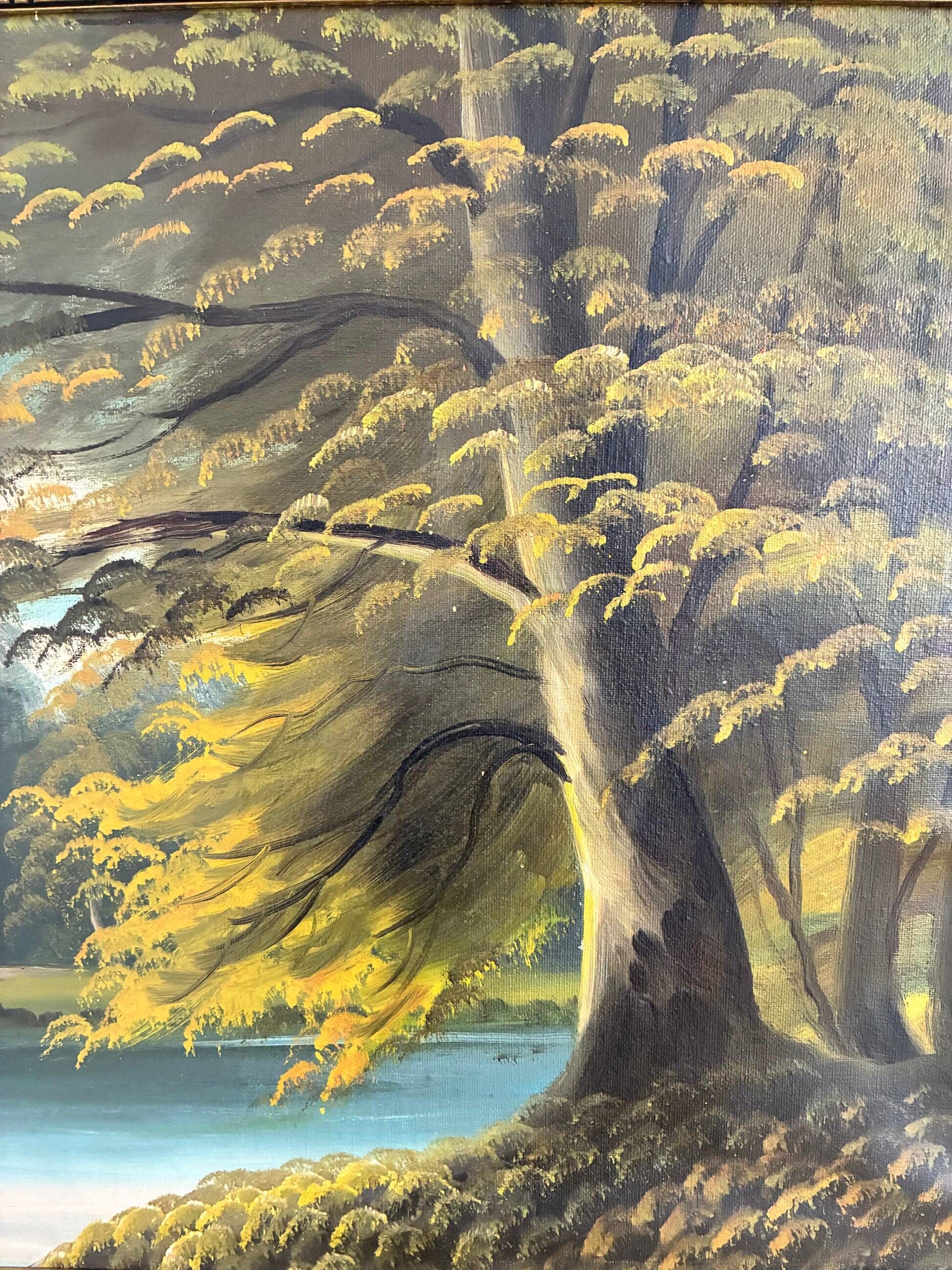 Vintage signed cottage lake landscape oil painting