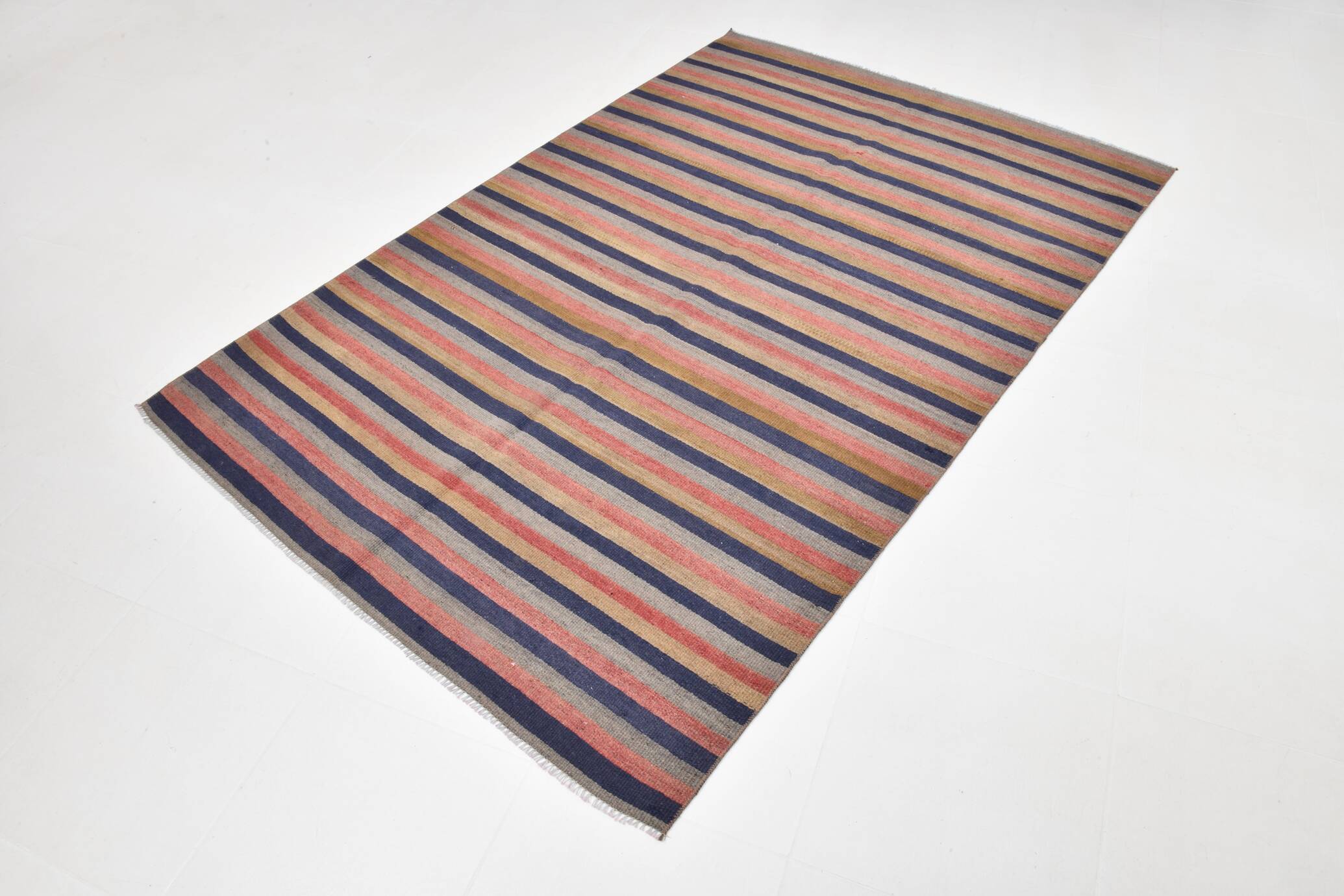 Navy Blue & Terracotta Hand Woven Turkish Striped Kilim Rug, 147x217 Cm