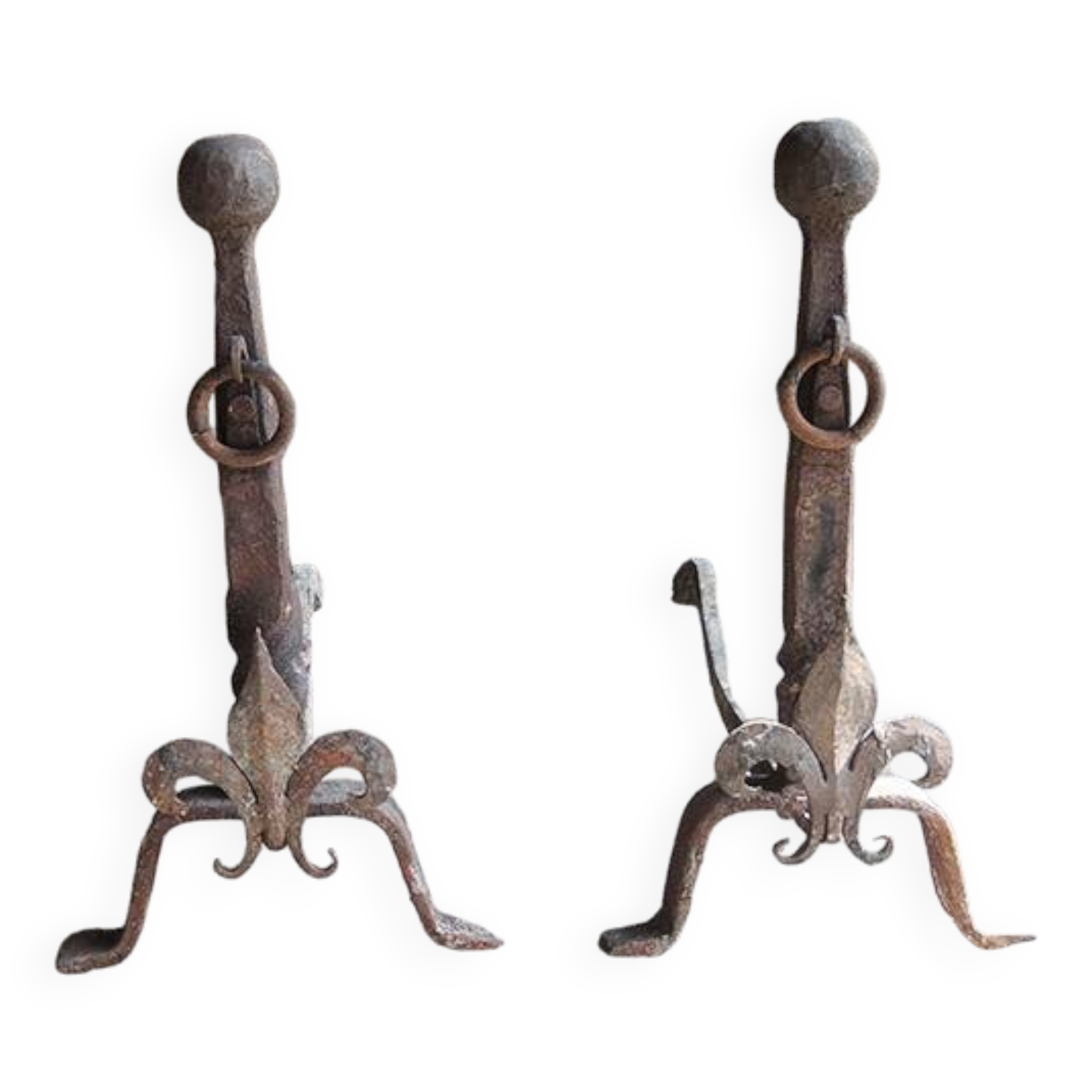 Antique Fleur de Lys Cast Iron Andirons