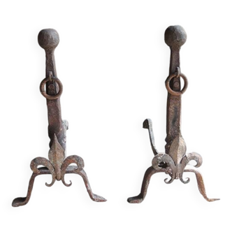 Antique Fleur de Lys Cast Iron Andirons
