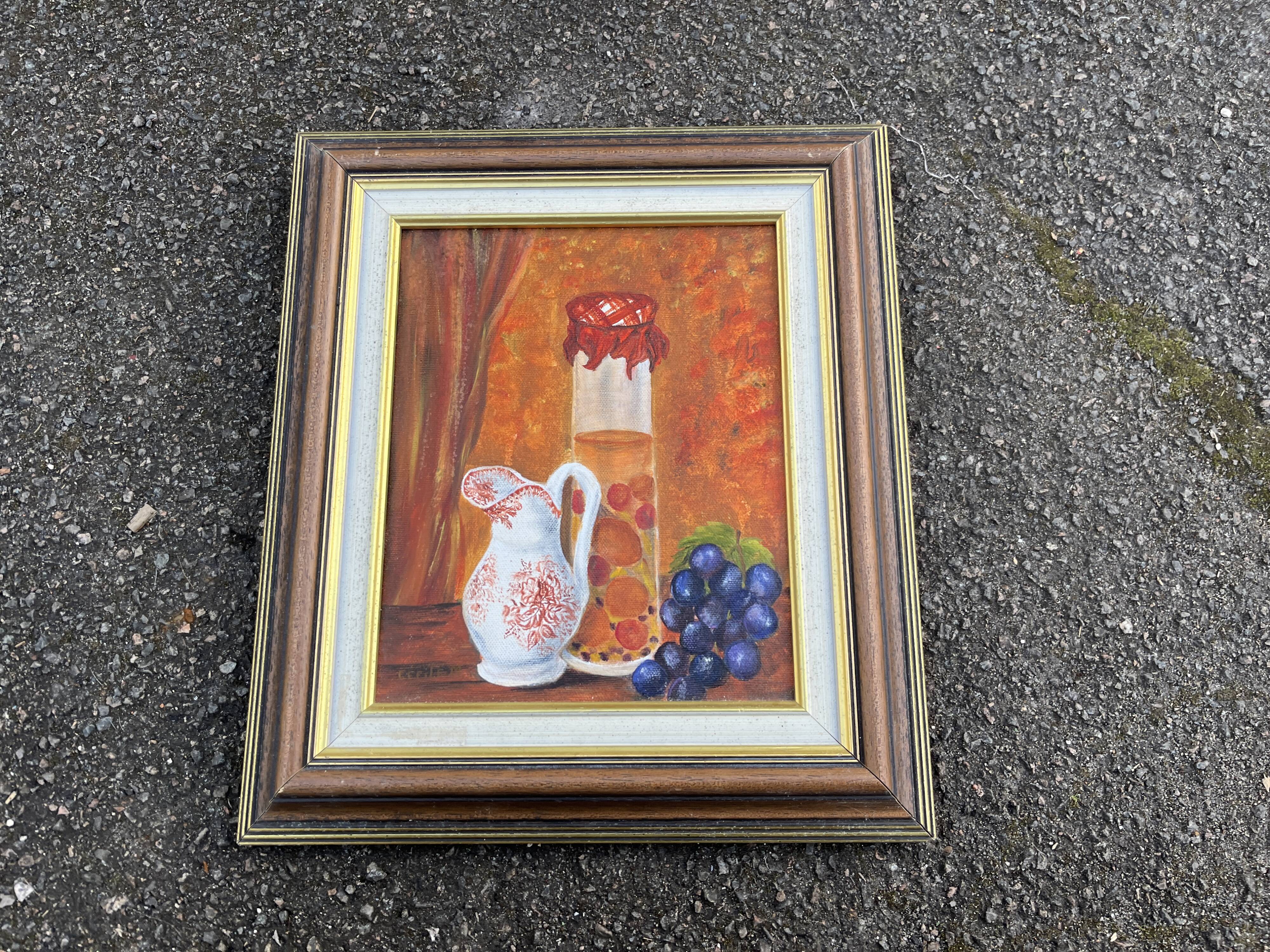 Still life with jam jar, flowered jug and grapes – Signed oil