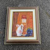 Still life with jam jar, flowered jug and grapes – Signed oil