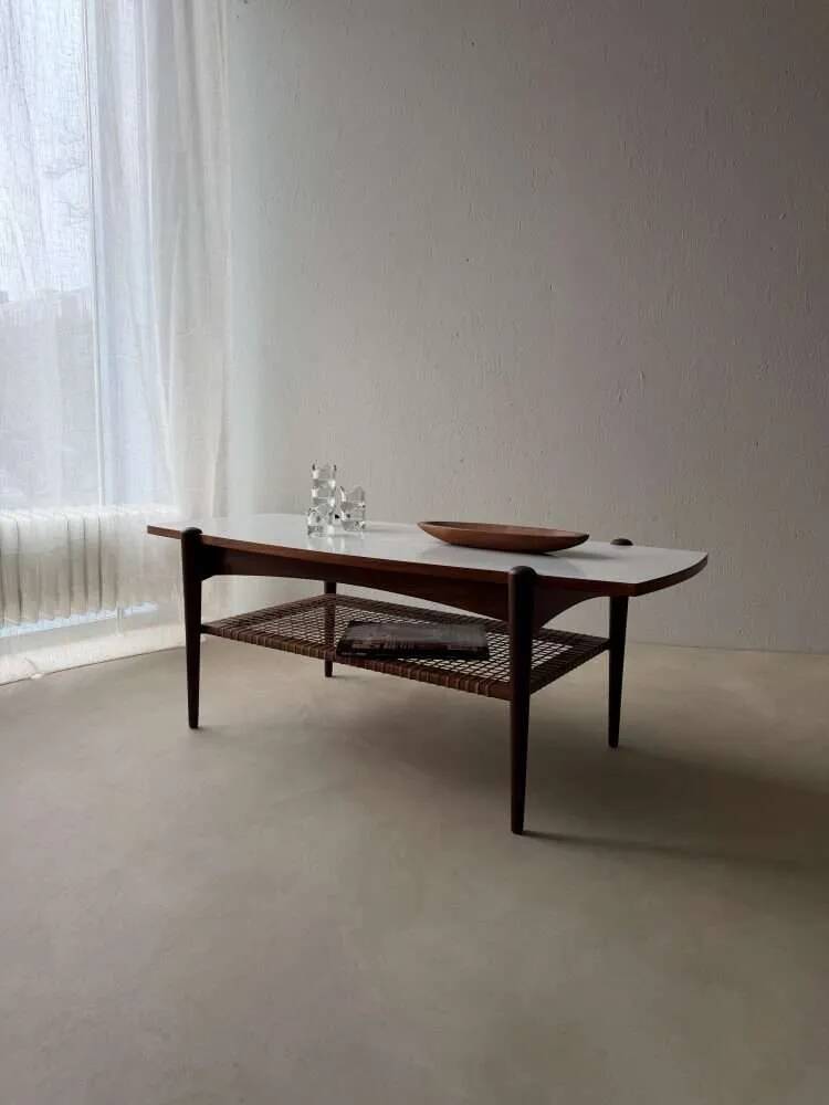 Vintage Creafort coffee table 1960s teak with rattan magazine shelf