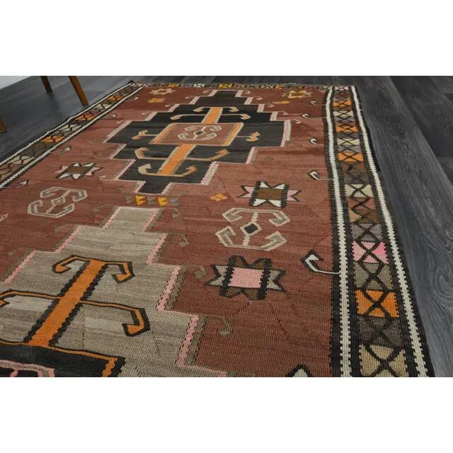 Vintage Turkish Oushak handmade wool cotton brown runner rug 137X338