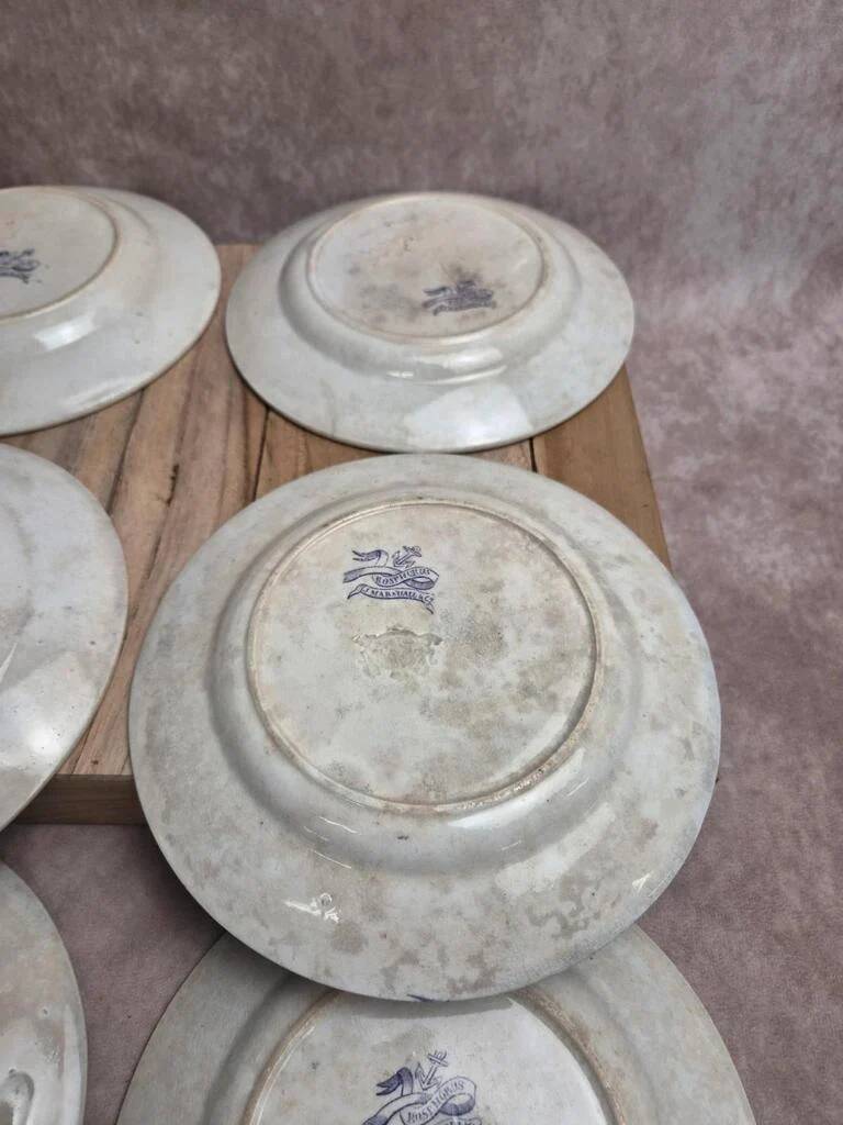 Set of 8 antique English dessert plates by J. Marshall & Co Bosphorus purple earthenware 19th century.