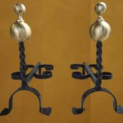 Pair of wrought iron candlesticks with cast bronze ball, 1970s.